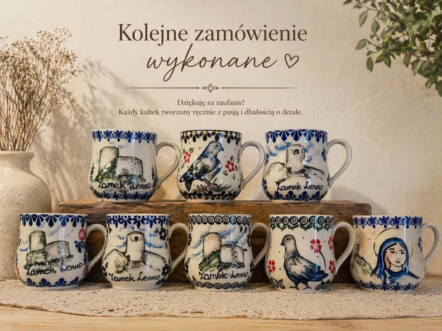 Ręcznie malowane kubki Ceramiki Wleńskiej z motywem zamku Lenno i gołębia