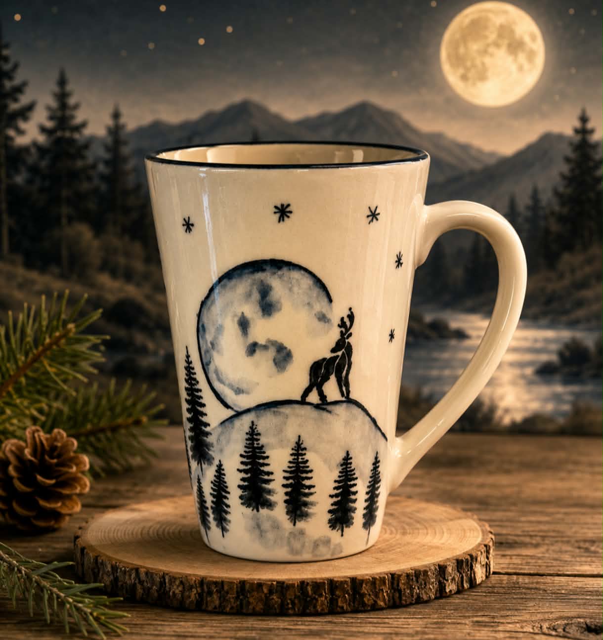 Ręcznie malowany kubek Ceramiki Wleńskiej z motywem jelenia i księżyca